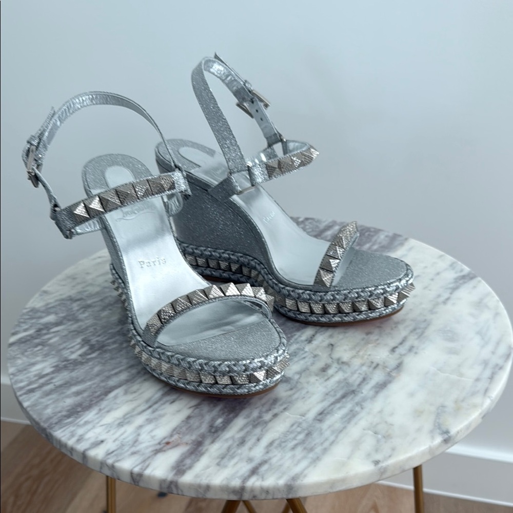 NWB Louboutin Pyraclou 110 Glitter Wedge Sandals